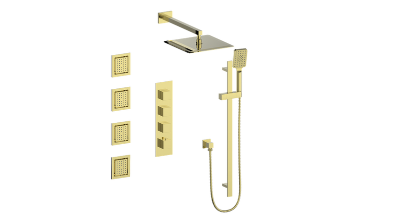 Vogt Kapfenberg 3/4" High-Flow Thermostatic Shower System with 12" Rain Head, Hand Shower & Body Jets – Wall-Mount – Brushed Gold – SET.KG.350.930.BG