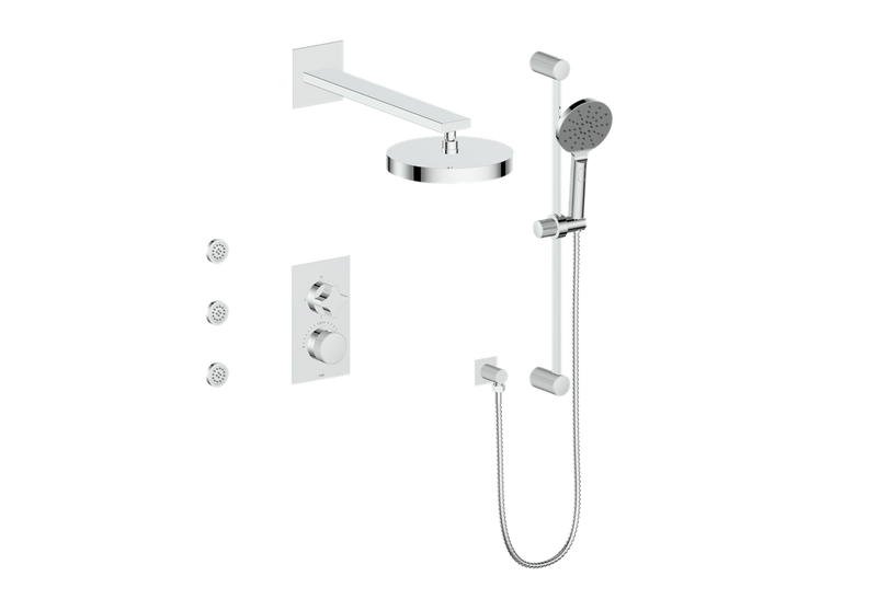 Vogt Mond 3-Function Thermostatic Shower System with 10" Rain Head, Hand Shower & Body Jets – Wall-Mount – Chrome – SET.M2.320.810.CC