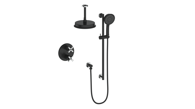 Vogt Zehn 2-Function Thermostatic Shower System with 8" Rain Head & Hand Shower – Ceiling-Mount – Matte Black / Chrome – SET.Z4.220.216.CB