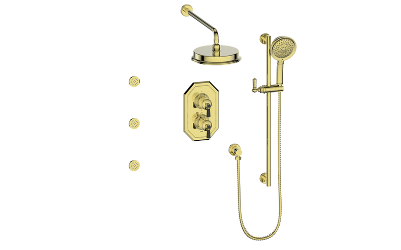 Vogt Carinthia 3-Function Thermostatic Shower System with 8" Rain Head, Hand Shower & Body Jets – Wall-Mount – Octagonal Handle – Brushed Gold / Matte Black – SET.C2.320.810.BGB