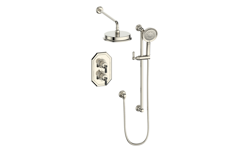 Vogt Carinthia 2-Function Thermostatic Shower System with 8" Rain Head & Hand Shower – Wall-Mount – Octagonal Handle – Polished Nickel / Matte Black – SET.C2.220.210.PB