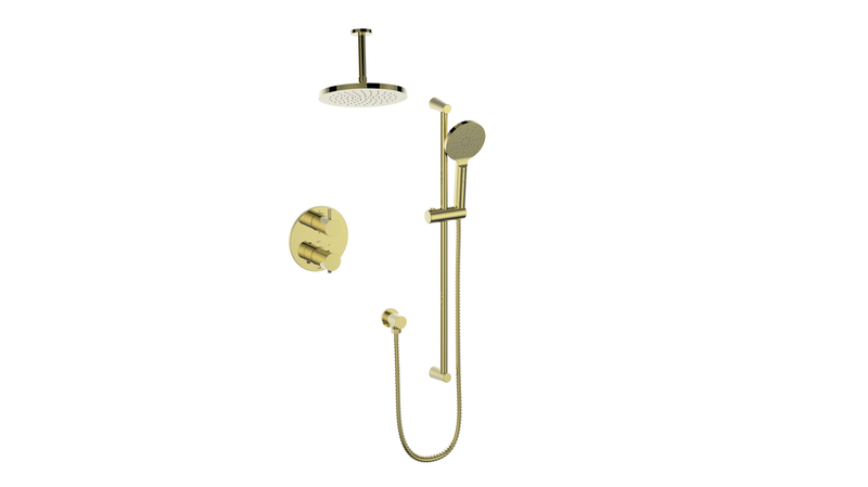 Vogt Worgl 2-Function Thermostatic Shower System with 10" Rain Head & Hand Shower – Ceiling-Mount – Brushed Gold – SET.OR.220.226.BG