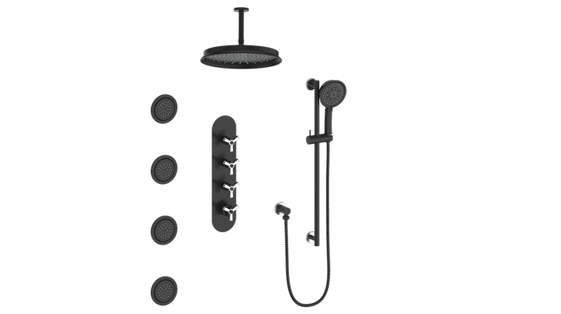 Vogt Zehn 3/4" High-Flow Thermostatic Shower System with 12" Rain Head, Hand Shower & Body Jets – Ceiling-Mount – Matte Black / Stainless Steel – SET.Z3.350.936.SB