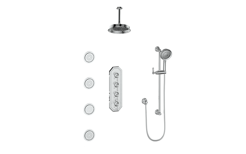 Vogt Carinthia 3/4" High-Flow Thermostatic Shower System with 12" Rain Head, Hand Shower & Body Jets – Ceiling-Mount – Octagonal Handle – Chrome – SET.C2.350.936.CC