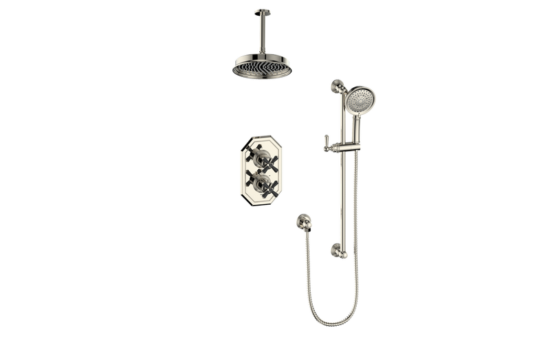 Vogt Carinthia 2-Function Thermostatic Shower System with 8" Rain Head & Hand Shower – Ceiling-Mount – Cross Handle – Polished Nickel / Matte Black – SET.C3.220.216.PB