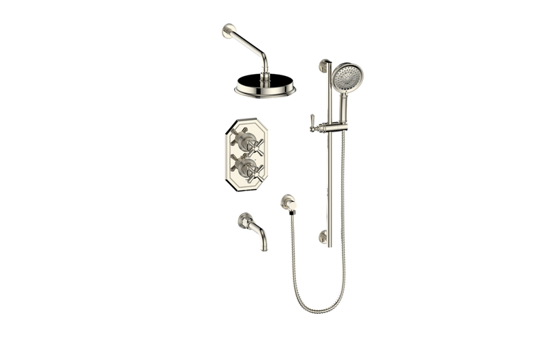 Vogt Carinthia 3-Function Thermostatic Tub & Shower System with 8" Rain Head, Hand Shower & Tub Spout – Wall-Mount – Polished Nickel – SET.C31.320.310.PN