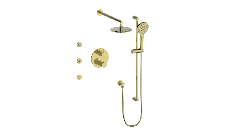 Vogt Worgl 3-Function Thermostatic Shower System with 8" Rain Head, Hand Shower & Body Jets – Wall-Mount – Brushed Gold – SET.WL.320.810.BG