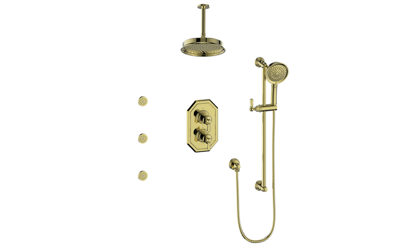 Vogt Carinthia 3-Function Thermostatic Shower System with 8" Rain Head, Hand Shower & Body Jets – Ceiling-Mount – Octagonal Handle – Brushed Gold – SET.C2.320.816.BG