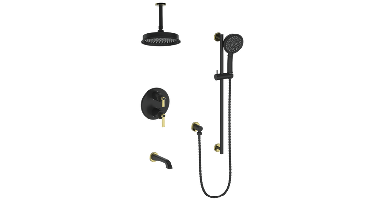 Vogt Zehn 3-Function Thermostatic Tub & Shower System with 8" Rain Head, Hand Shower & Tub Spout – Ceiling-Mount – Matte Black / Brushed Gold – SET.Z1.320.316.BGB