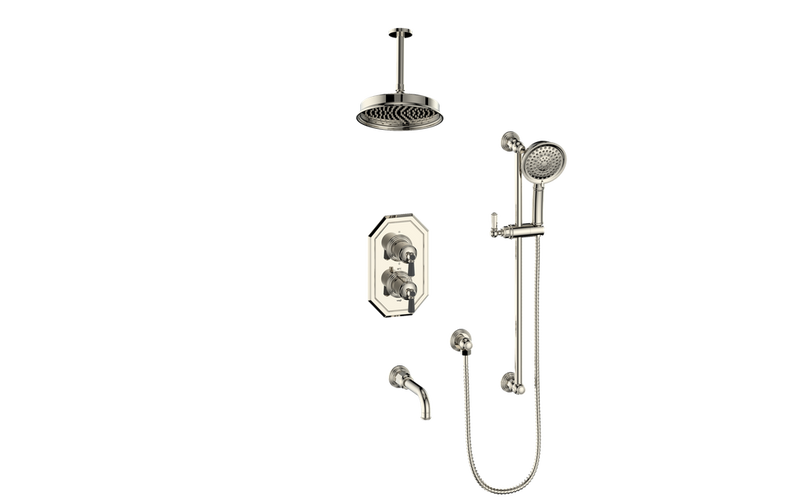 Vogt Carinthia 3-Function Thermostatic Tub & Shower System with 8" Rain Head, Hand Shower & Tub Spout – Ceiling-Mount – Polished Nickel / Matte Black – SET.C21.320.316.PB
