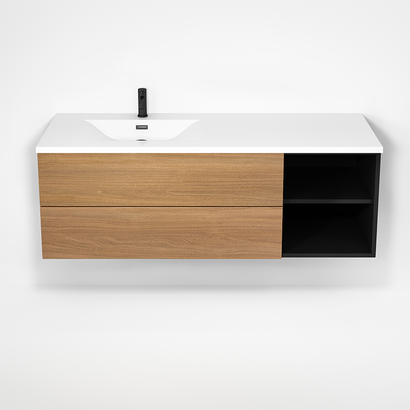 Rubi Haus 55" Wall Hung Vanity w. Integrated Composite Sink Matte Black & Natural Oak – RHS1400LK02MBK-NO