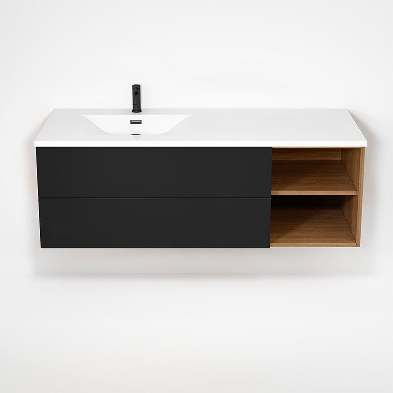 Rubi Haus 55" Wall Hung Vanity w. Integrated Composite Sink Natural Oak & Matte Black – RHS1400LK02NO-MBK