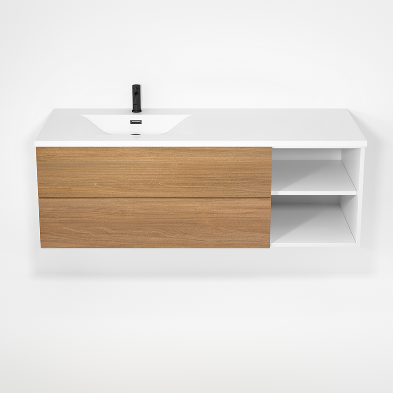 Rubi Haus 55" Wall Hung Vanity w. Integrated Composite Sink Matte White & Natural Oak – RHS1400LK02MBL-NO