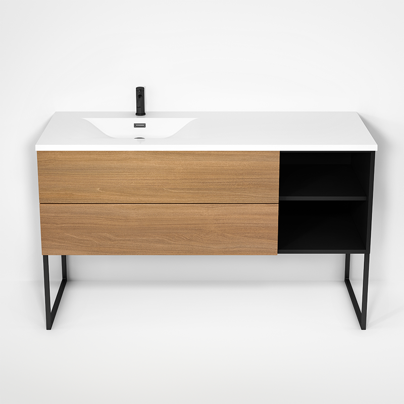 Rubi Haus 55" Wall Hung Vanity w. Integrated Composite Sink & Decorative Legs Matte Black & Natural Oak – RHS1400LKU02MBK-NO