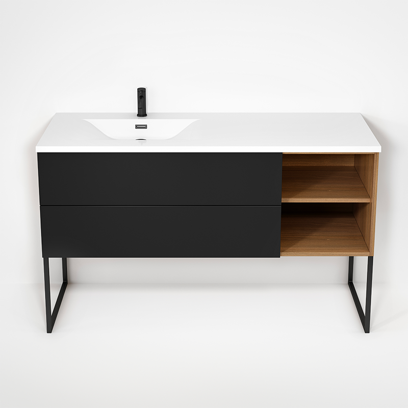 Rubi Haus 55" Wall Hung Vanity w. Integrated Composite Sink & Decorative Legs Natural Oak & Matte Black – RHS1400LKU02NO-MBK