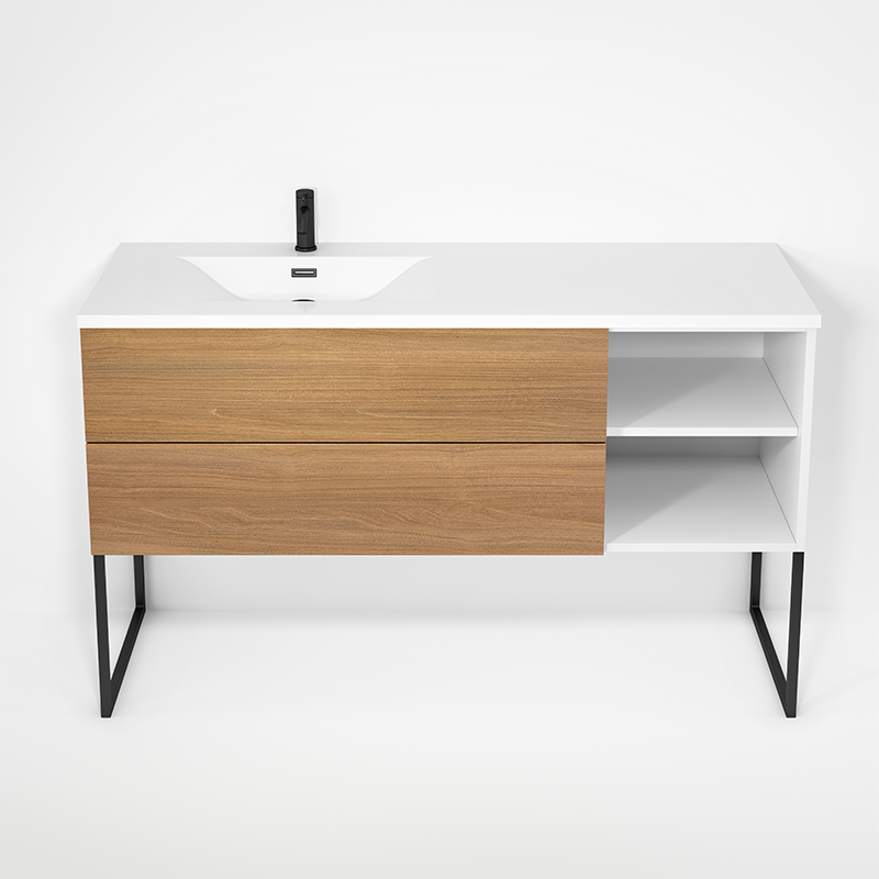 Rubi Haus 55" Wall Hung Vanity w. Integrated Composite Sink & Decorative Legs Matte White & Natural Oak – RHS1400LKU02MBL-NO