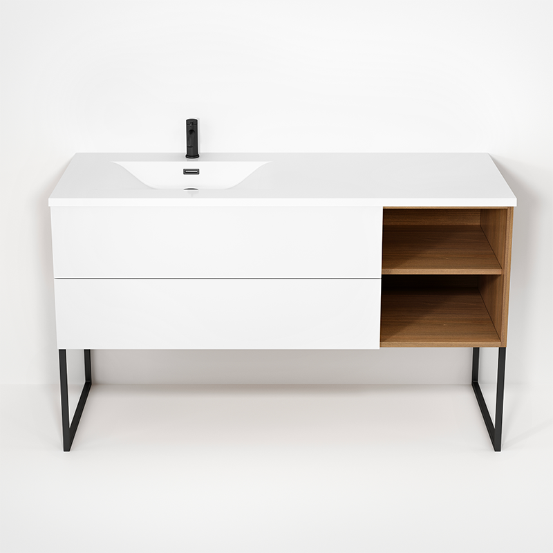 Rubi Haus 55" Wall Hung Vanity w. Integrated Composite Sink & Decorative Legs Natural Oak & Matte White – RHS1400LKU02NO-MBL