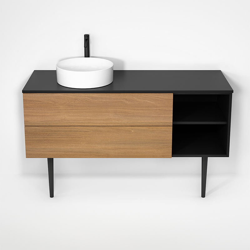 Rubi Haus 55" Wall Hung Vanity w. Decorative Round Legs Matte Black & Natural Oak – RHS1400LKV01MBK-NO