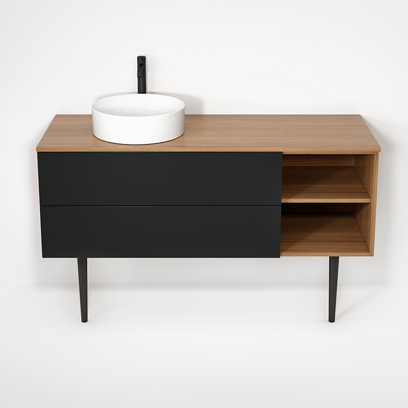 Rubi Haus 55" Wall Hung Vanity w. Decorative Round Legs Natural Oak & Matte Black – RHS1400LKV01NO-MBK