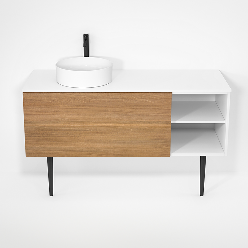 Rubi Haus 55" Wall Hung Vanity w. Decorative Round Legs Matte White & Natural Oak – RHS1400LKV01MBL-NO