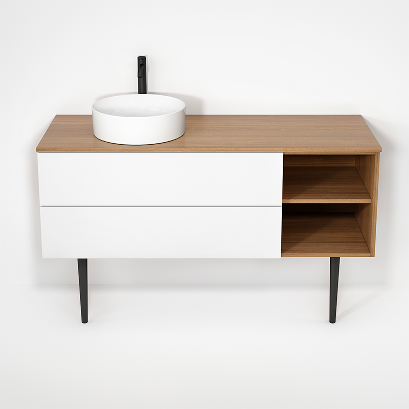 Rubi Haus 55" Wall Hung Vanity w. Decorative Round Legs Natural Oak & Matte White – RHS1400LKV01NO-MBL