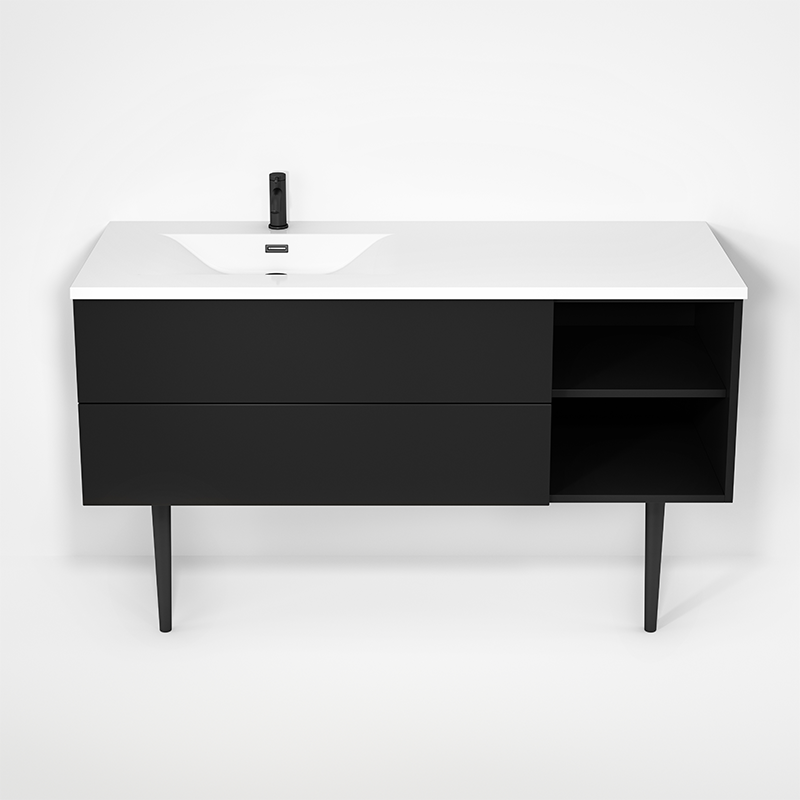 Rubi Haus 55" Wall Hung Vanity w. Integrated Composite Sink & Decorative Round Legs Matte Black – RHS1400LKV02MBK