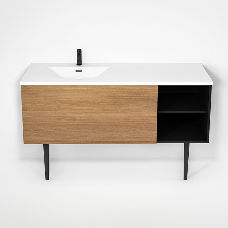 Rubi Haus 55" Wall Hung Vanity w. Integrated Composite Sink & Decorative Round Legs Matte Black & Natural Oak – RHS1400LKV02MBK-NO