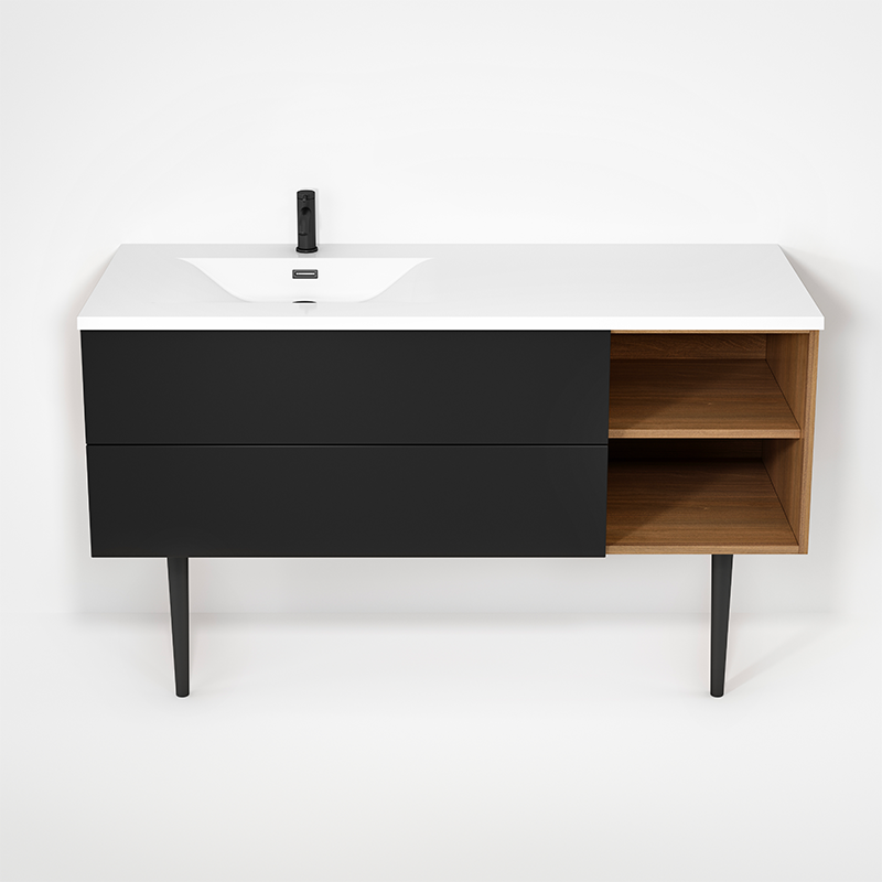 Rubi Haus 55" Wall Hung Vanity w. Integrated Composite Sink & Decorative Round Legs Natural Oak & Matte Black – RHS1400LKV02NO-MBK