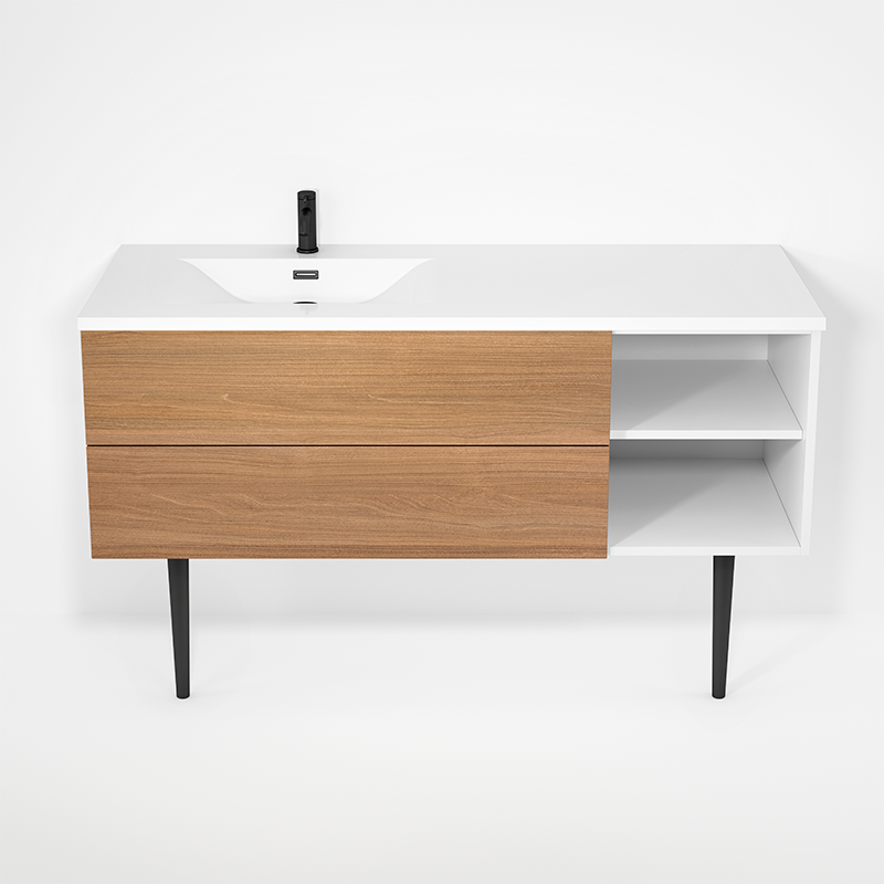 Rubi Haus 55" Wall Hung Vanity w. Integrated Composite Sink & Decorative Round Legs Matte White & Natural Oak – RHS1400LKV02MBL-NO
