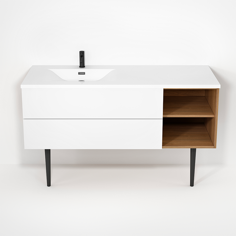 Rubi Haus 55" Wall Hung Vanity w. Integrated Composite Sink & Decorative Round Legs Natural Oak & Matte White – RHS1400LKV02NO-MBL