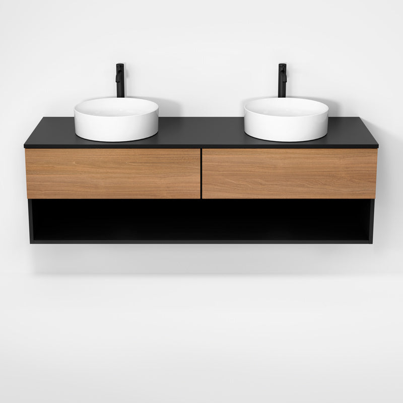 Rubi Haus 63" Double Wall Hung Vanity Matte Black & Natural Oak – RHS1400LK01MBK-NO