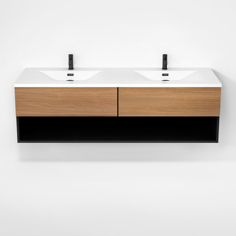 Rubi Haus 63" Double Wall Hung Vanity w. Integrated Composite Sink Matte Black & Natural Oak – RHS1400LK02MBK-NO
