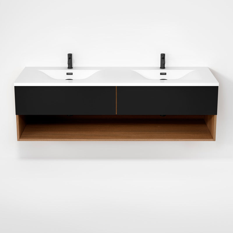 Rubi Haus 63" Double Wall Hung Vanity w. Integrated Composite Sink Natural Oak & Matte Black – RHS1400LK02NO-MBK