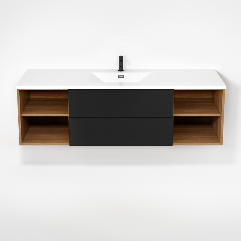 Rubi Haus 63" Single Wall Hung Vanity w. Integrated Composite Sink Natural Oak & Matte Black – RHS1400LK02NO-MBK