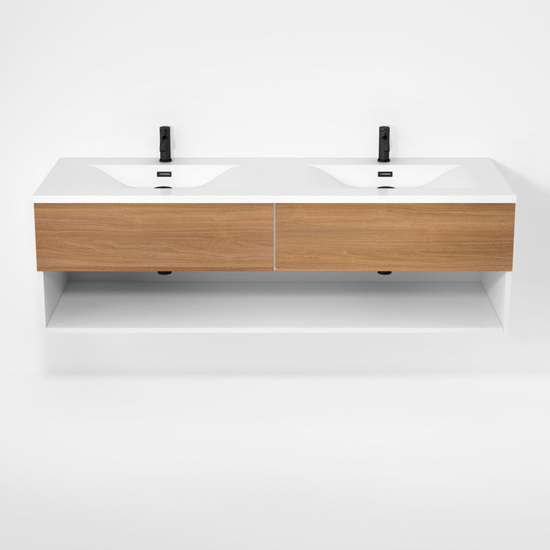 Rubi Haus 63" Double Wall Hung Vanity w. Integrated Composite Sink Matte White & Natural Oak – RHS1400LK02MBL-NO