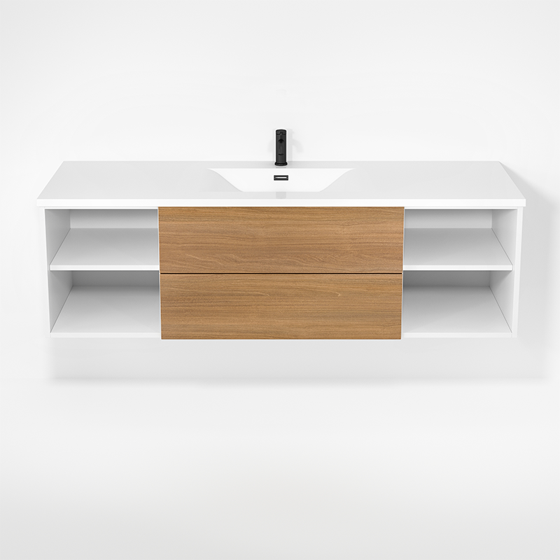Rubi Haus 63" Single Wall Hung Vanity w. Integrated Composite Sink Matte White & Natural Oak – RHS1400LK02MBL-NO