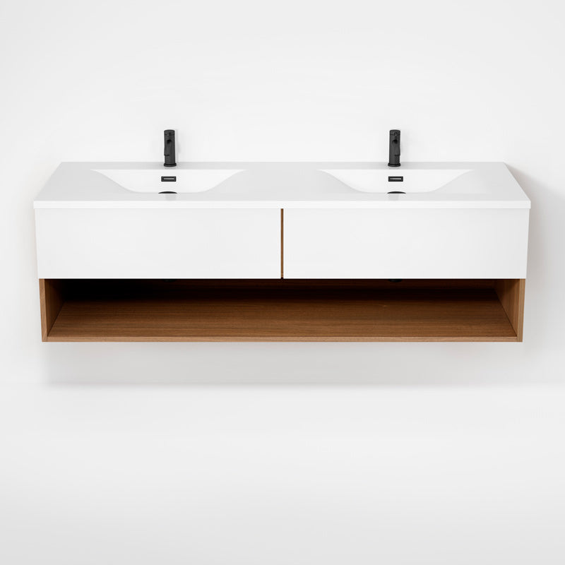 Rubi Haus 63" Double Wall Hung Vanity w. Integrated Composite Sink Natural Oak & Matte White – RHS1400LK02NO-MBL