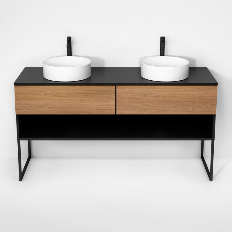 Rubi Haus 63" Double Wall Hung Vanity w. Decorative Legs Matte Black & Natural Oak – RHS1400LKU01MBK-NO