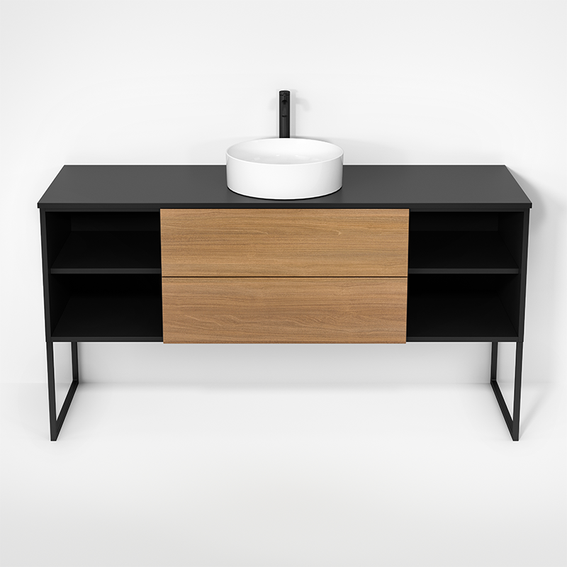 Rubi Haus 63" Single Wall Hung Vanity w. Decorative Legs Matte Black & Natural Oak – RHS1400LKU01MBK-NO