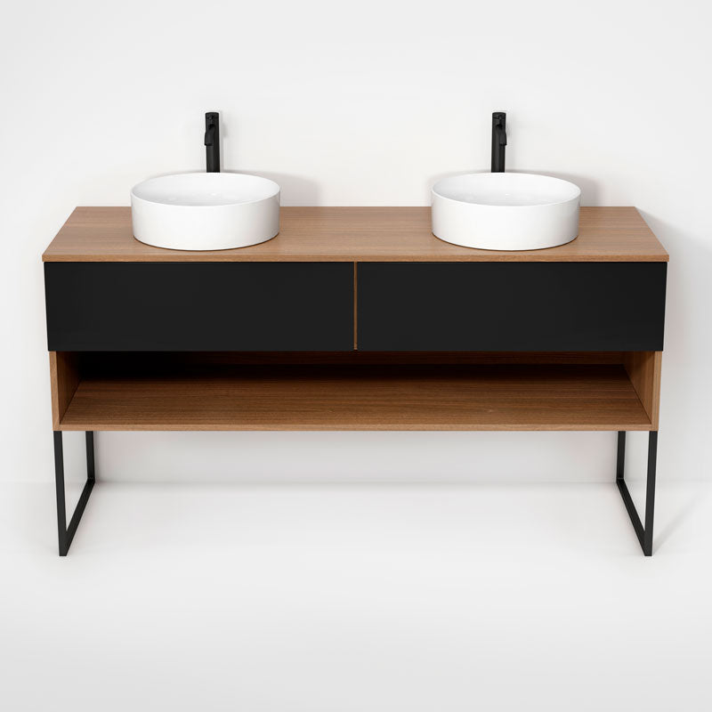 Rubi Haus 63" Double Wall Hung Vanity w. Decorative Legs Natural Oak & Matte Black – RHS1400LKU01NO-MBK
