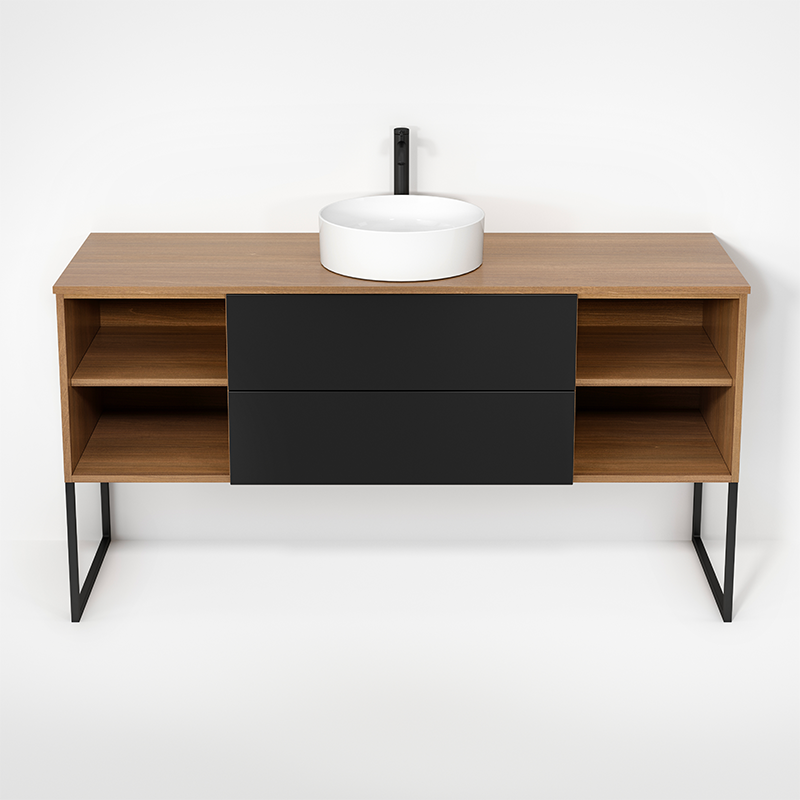 Rubi Haus 63" Single Wall Hung Vanity w. Decorative Legs Natural Oak & Matte Black – RHS1400LKU01NO-MBK