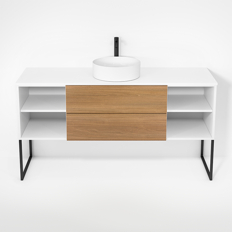 Rubi Haus 63" Single Wall Hung Vanity w. Decorative Legs Matte White & Natural Oak – RHS1400LKU01MBL-NO