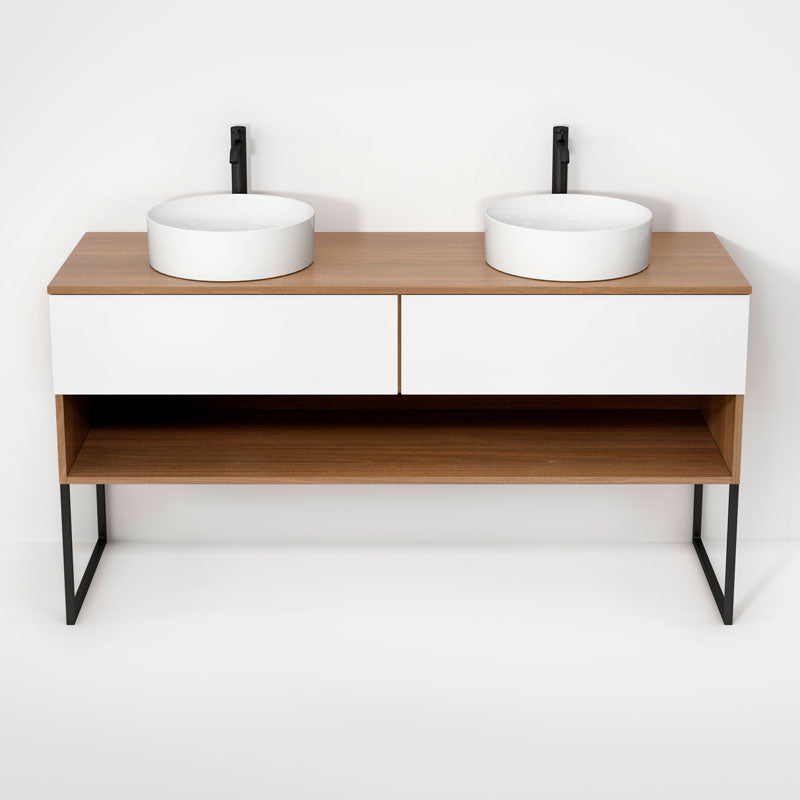 Rubi Haus 63" Double Wall Hung Vanity w. Decorative Legs Natural Oak & Matte White – RHS1400LKU01NO-MBL