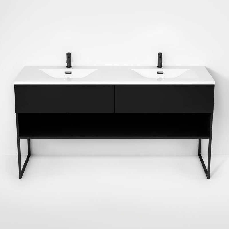 Rubi Haus 63" Double Wall Hung Vanity w. Integrated Composite Sink & Decorative Legs Matte Black – RHS1400LKU02MBK