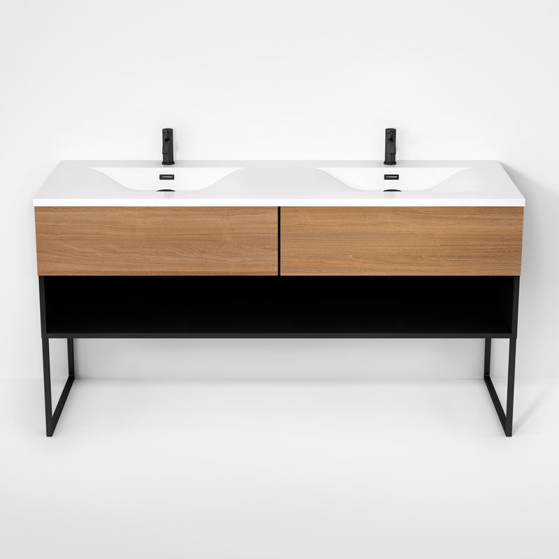 Rubi Haus 63" Double Wall Hung Vanity w. Integrated Composite Sink & Decorative Legs Matte Black & Natural Oak – RHS1400LKU02MBK-NO