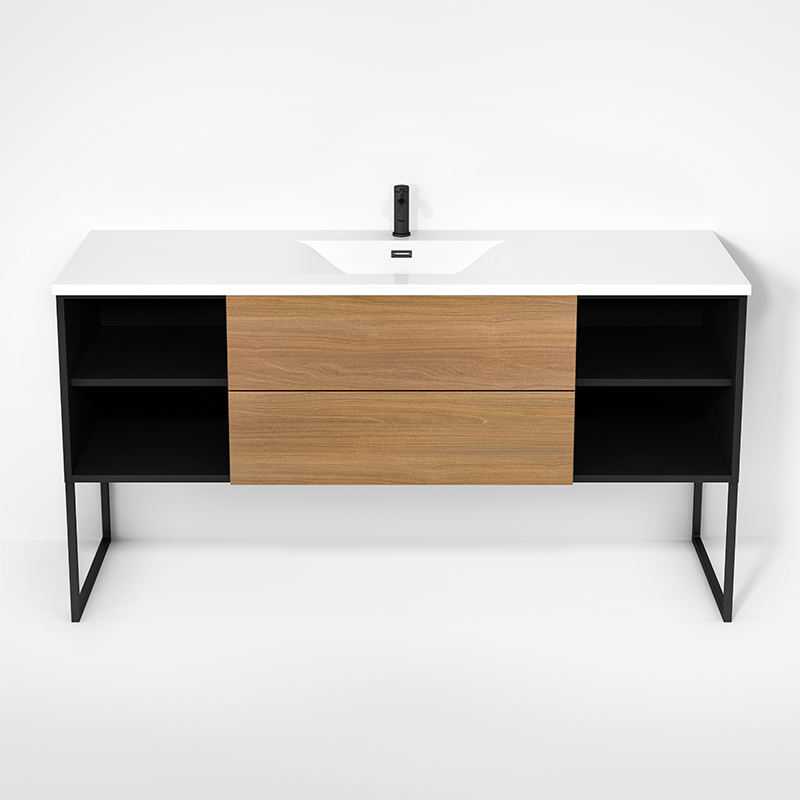 Rubi Haus 63" Single Wall Hung Vanity w. Integrated Composite Sink & Decorative Legs Matte Black & Natural Oak – RHS1400LKU02MBK-NO