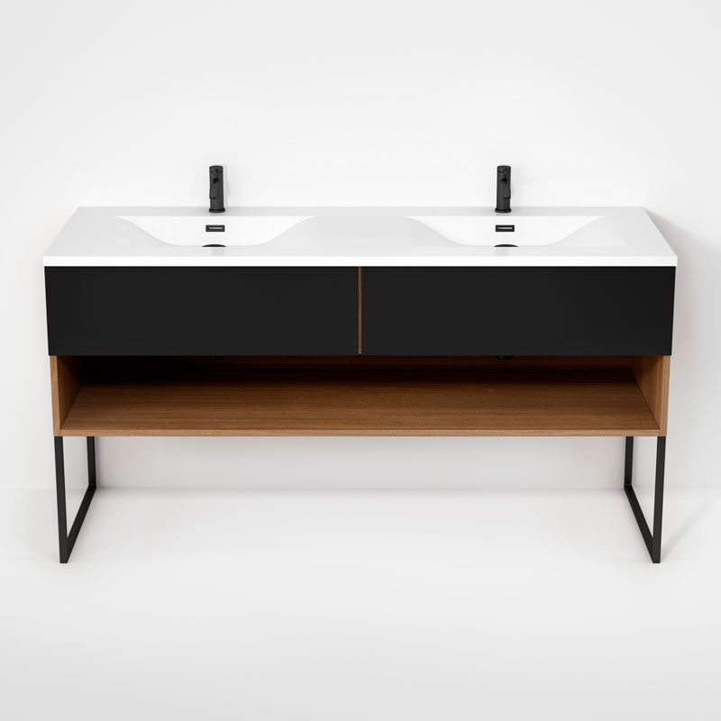 Rubi Haus 63" Double Wall Hung Vanity w. Integrated Composite Sink & Decorative Legs Natural Oak & Matte Black – RHS1400LKU02NO-MBK
