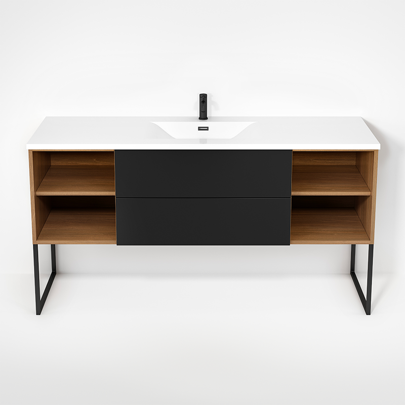 Rubi Haus 63" Single Wall Hung Vanity w. Integrated Composite Sink & Decorative Legs Natural Oak & Matte Black – RHS1400LKU02NO-MBK