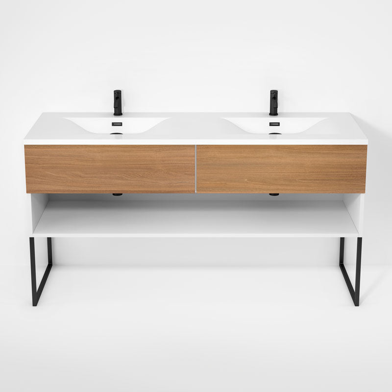 Rubi Haus 63" Double Wall Hung Vanity w. Integrated Composite Sink & Decorative Legs Matte White & Natural Oak – RHS1400LKU02MBL-NO