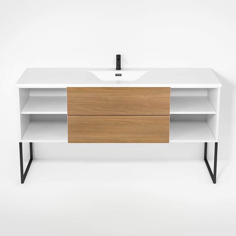 Rubi Haus 63" Single Wall Hung Vanity w. Integrated Composite Sink & Decorative Legs Matte White & Natural Oak – RHS1400LKU02MBL-NO